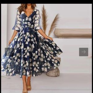 Lutron White Tulip sheer Layered Blue Short Sleeve Midi Dress